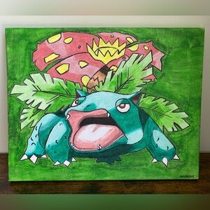 Pokemon Venusaur Fan Art Canvas Painting - Bright Teal & Pink (11x14)